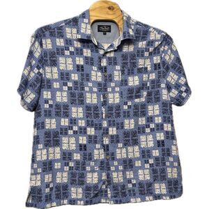 Nat Nast Luxury Men's Short Sleeve Button Up Shirt XXL Blue Geometric Silk Blend